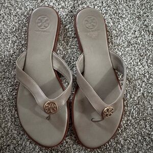 Tory Burch Taupe Sandals with Gold Emblem